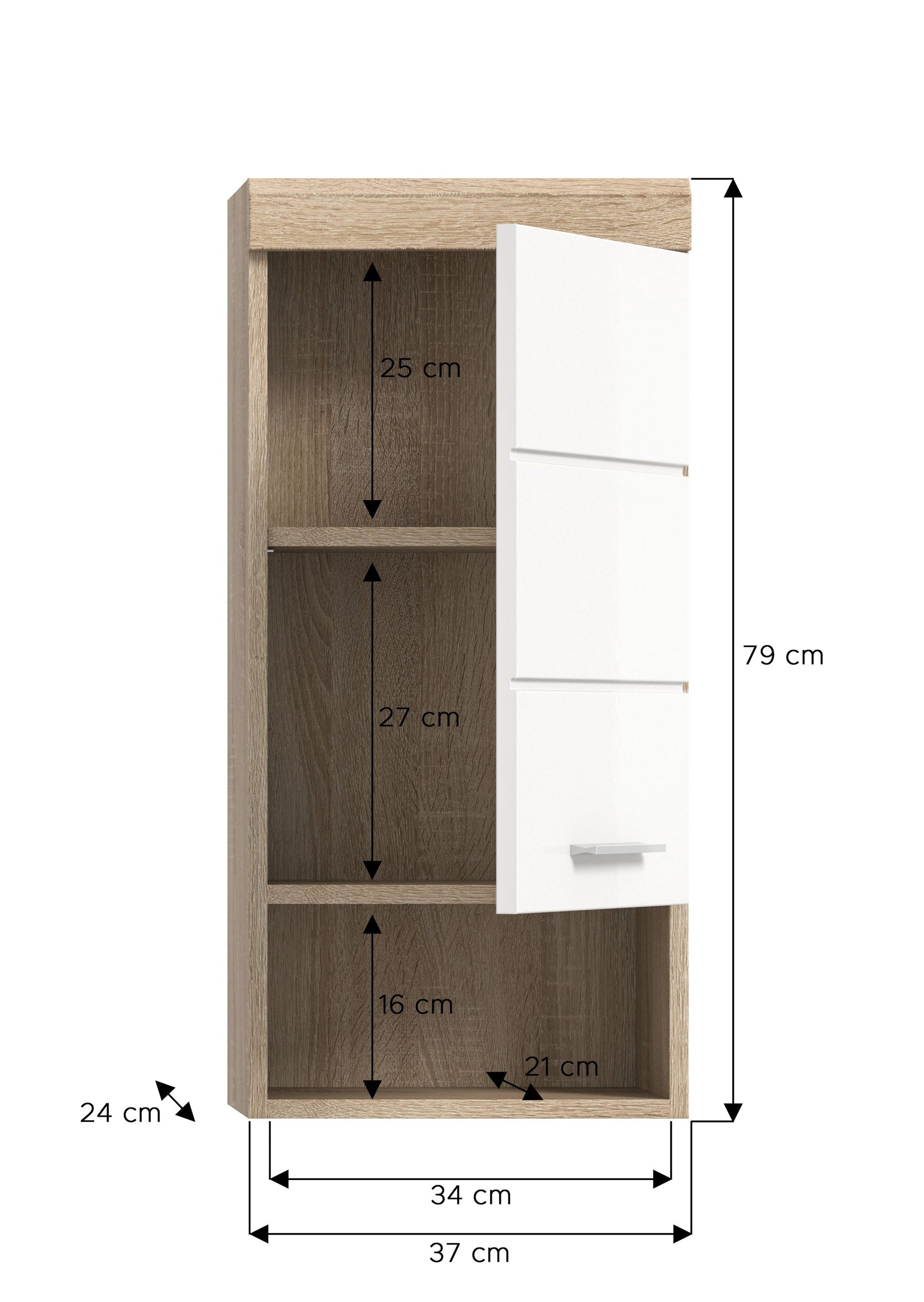 Badezimmer-Hängeschrank in Weiß Hochglanz, mit offenen Fächern und Holzinnenraum.