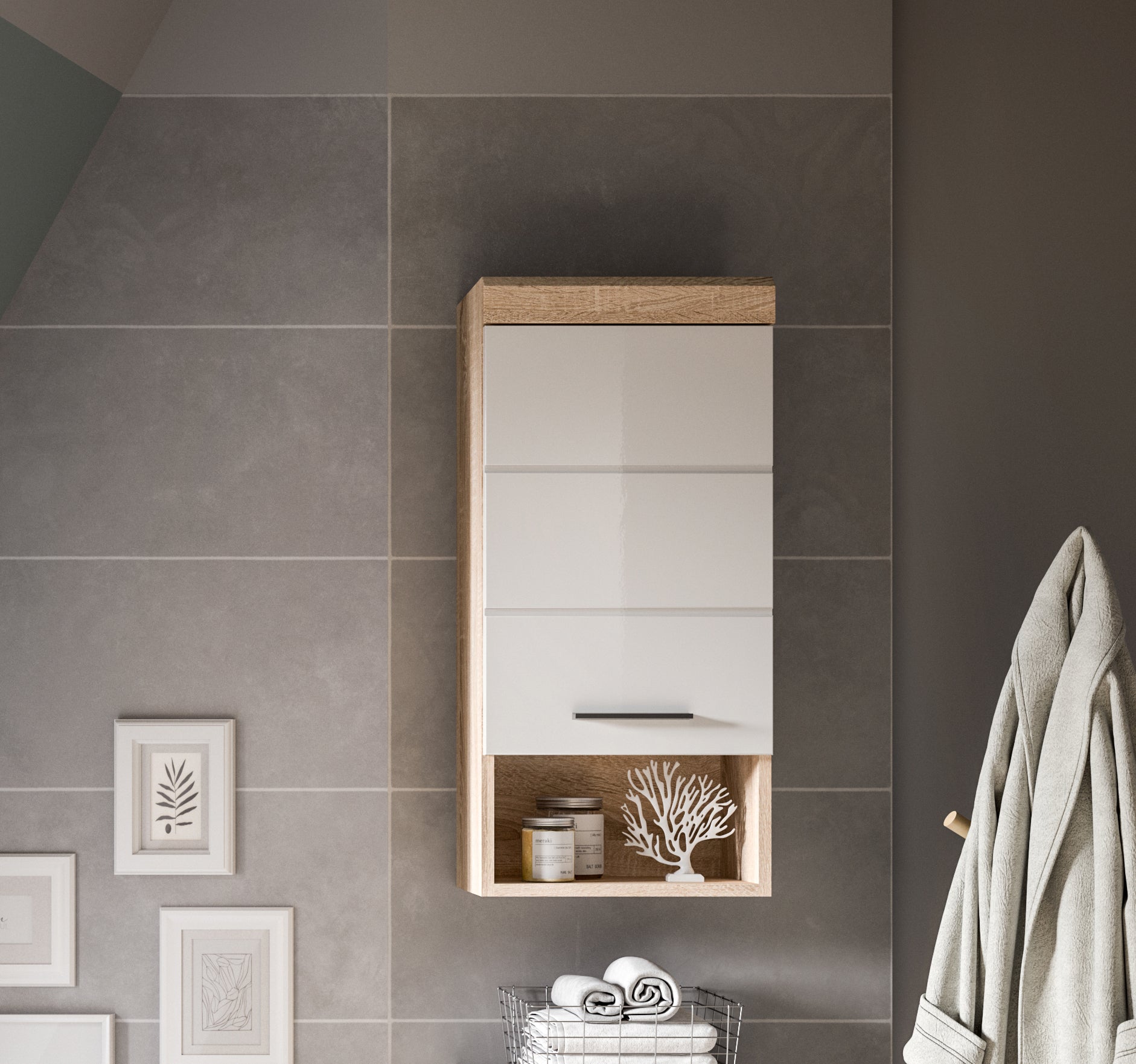 Badezimmer-Hängeschrank weiß Hochglanz mit offenen Fächern und Schublade.
