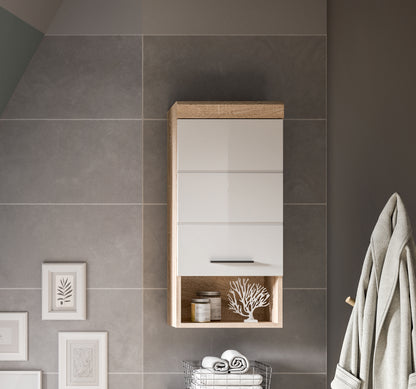 Badezimmer-Hängeschrank weiß Hochglanz mit offenen Fächern und Schublade.
