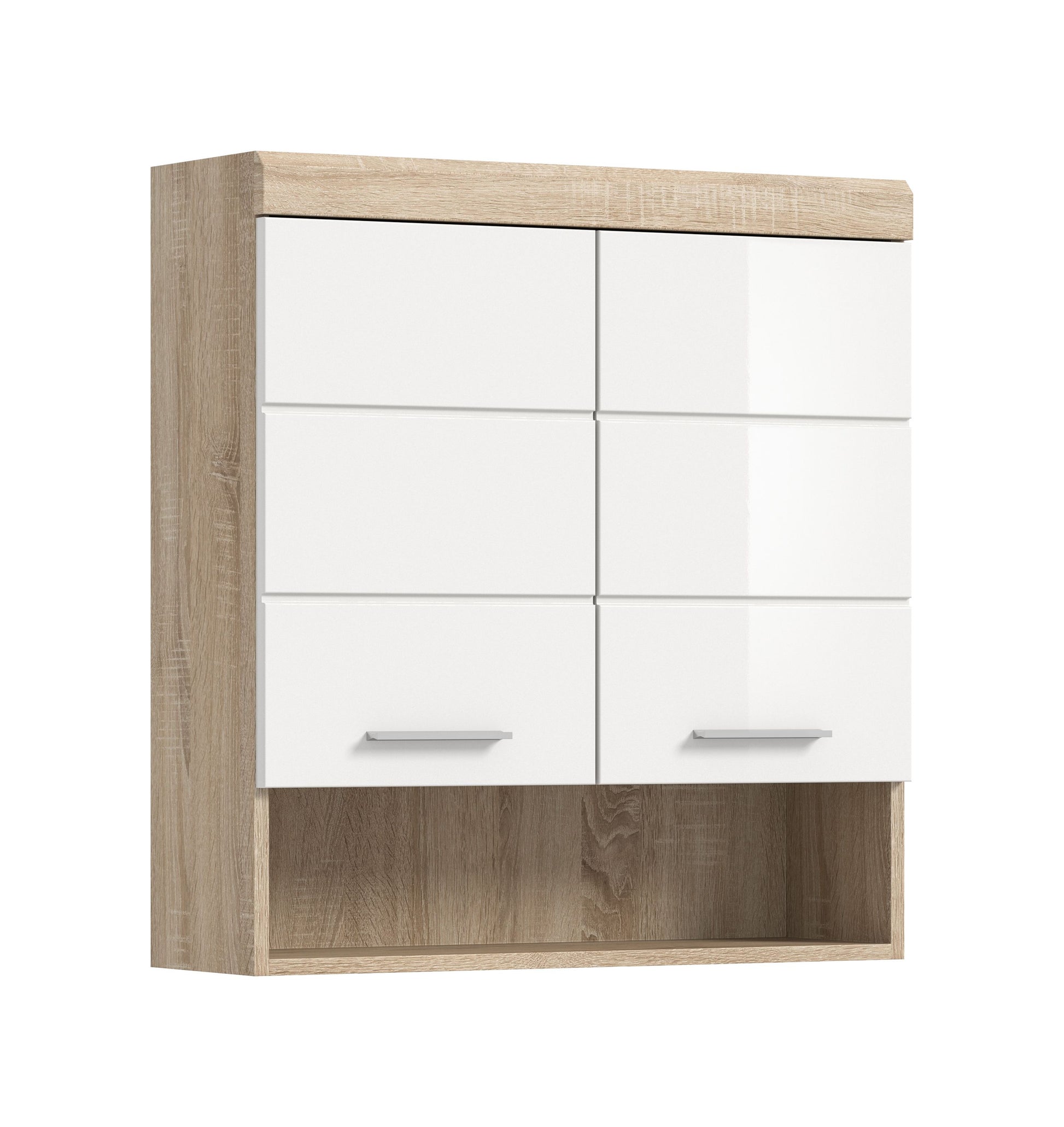 Badezimmer-Hängeschrank weiß hochglanz mit Holzoptik-Rahmen und Griffmulden