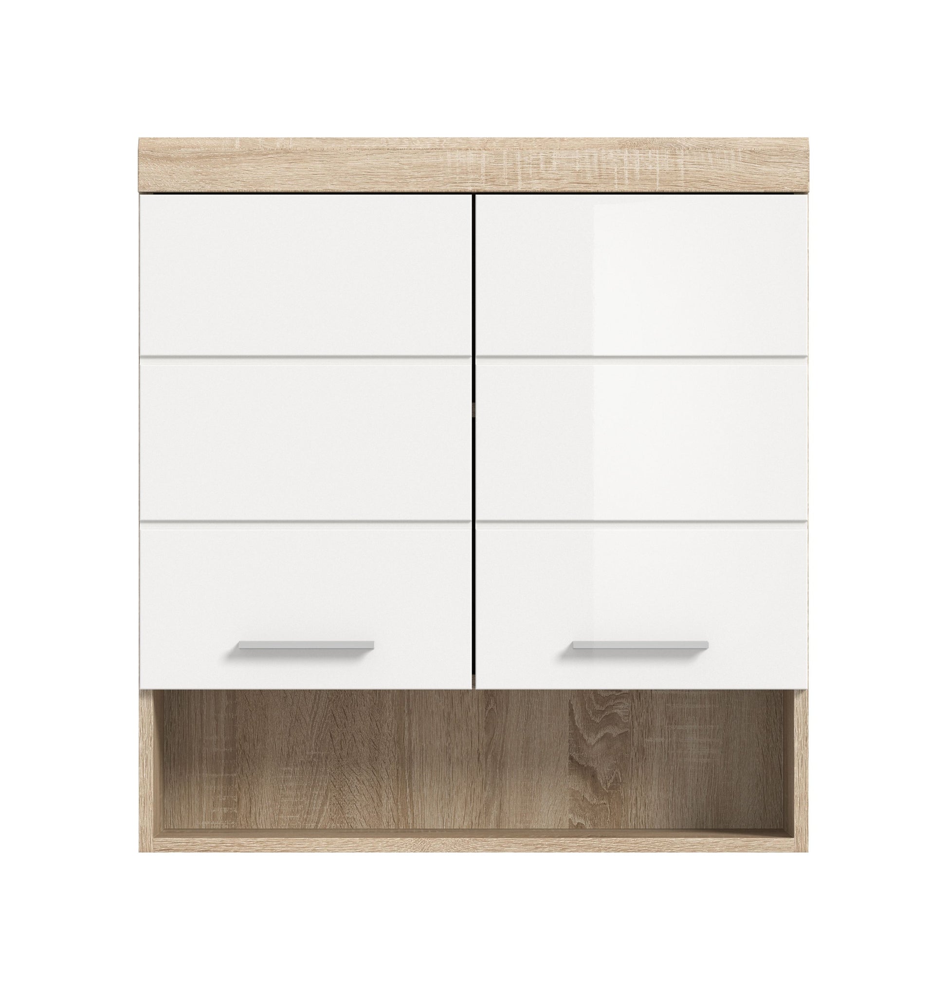 Badezimmer-Hängeschrank weiß hochglanz mit Griffmulden und mehrteiliger Front