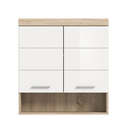 Badezimmer-Hängeschrank weiß hochglanz mit Griffmulden und mehrteiliger Front