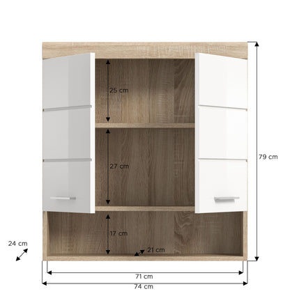 Badezimmer-Hängeschrank weiß mit offenen Fächern, Breite 71 cm und Höhe 79 cm