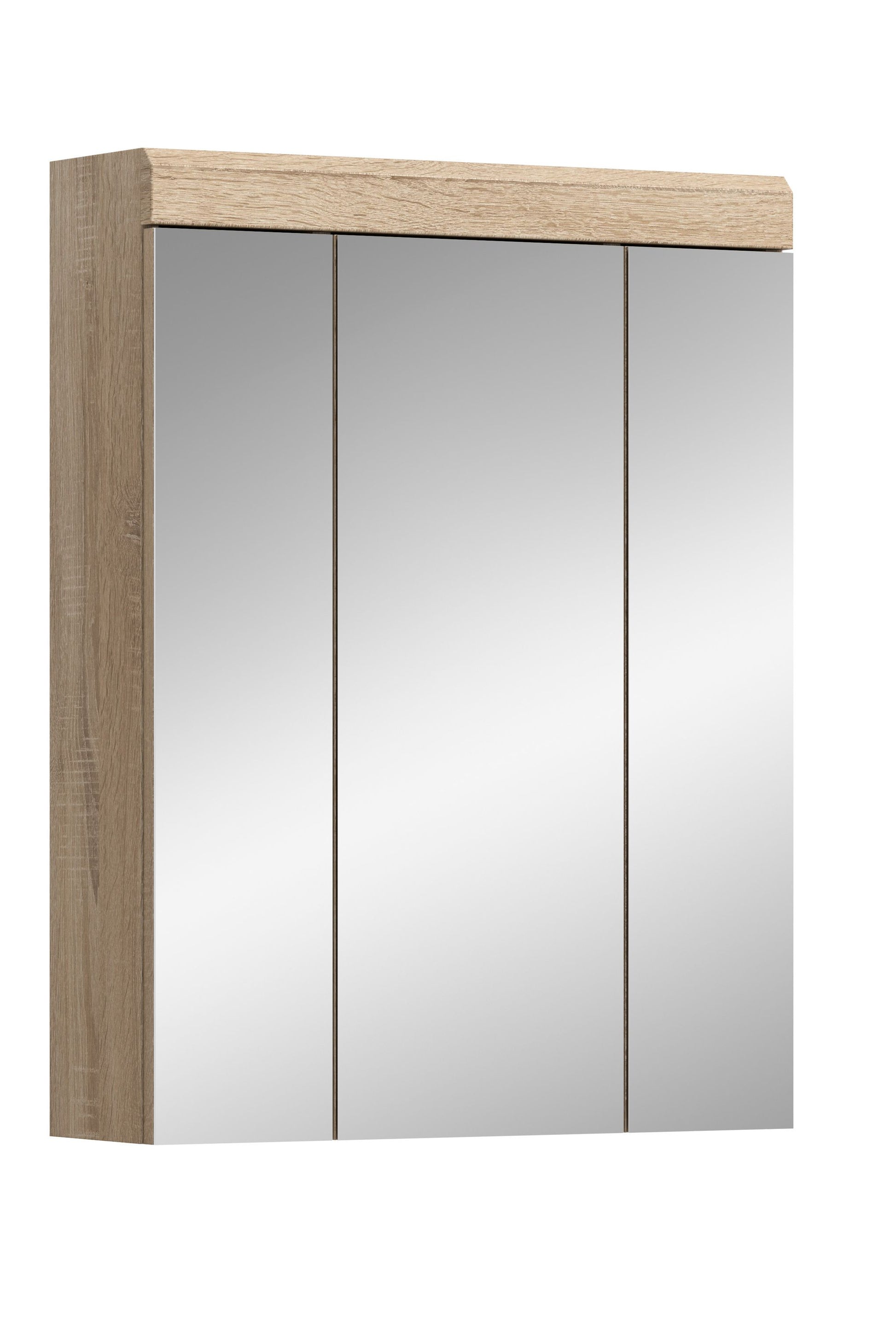 Badspiegelschrank mit 3 Spiegeltüren und Holzoptik-Rahmen, spiegeltürige Front
