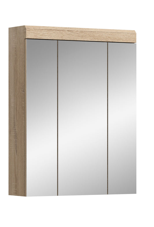 Badspiegelschrank mit 3 Spiegeltüren und Holzoptik-Rahmen, spiegeltürige Front