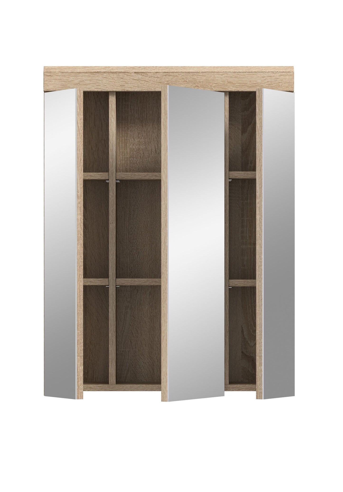 Badspiegelschrank mit geöffneten 3 Spiegeltüren, Holzoptik und Fächer