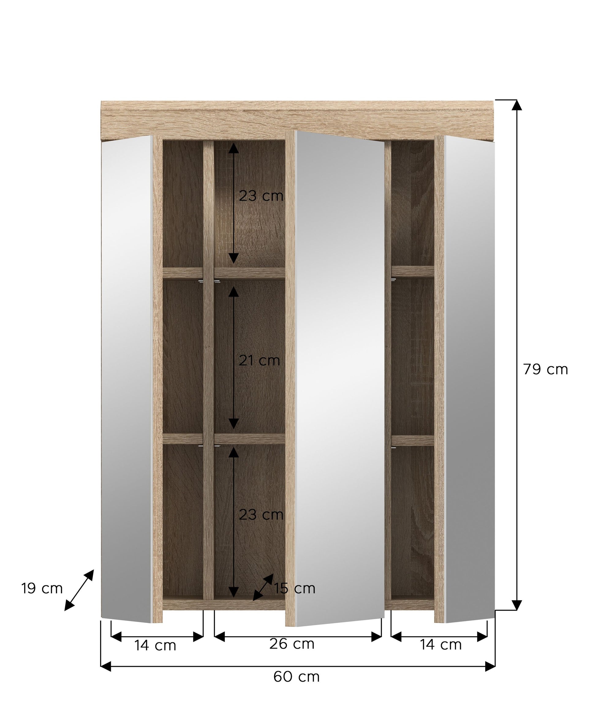 Badspiegelschrank 60 cm breit mit 3 Spiegeltüren, Maßangaben an der Front