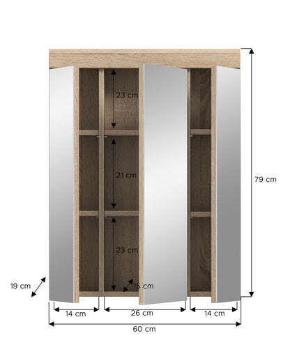 Badspiegelschrank 60 cm breit mit 3 Spiegeltüren, Maßangaben an der Front