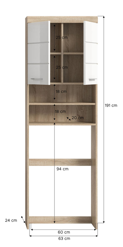 Waschmaschinenregal mit Maßangaben, Holzrahmen und weißen Türen sowie offenen Regalböden