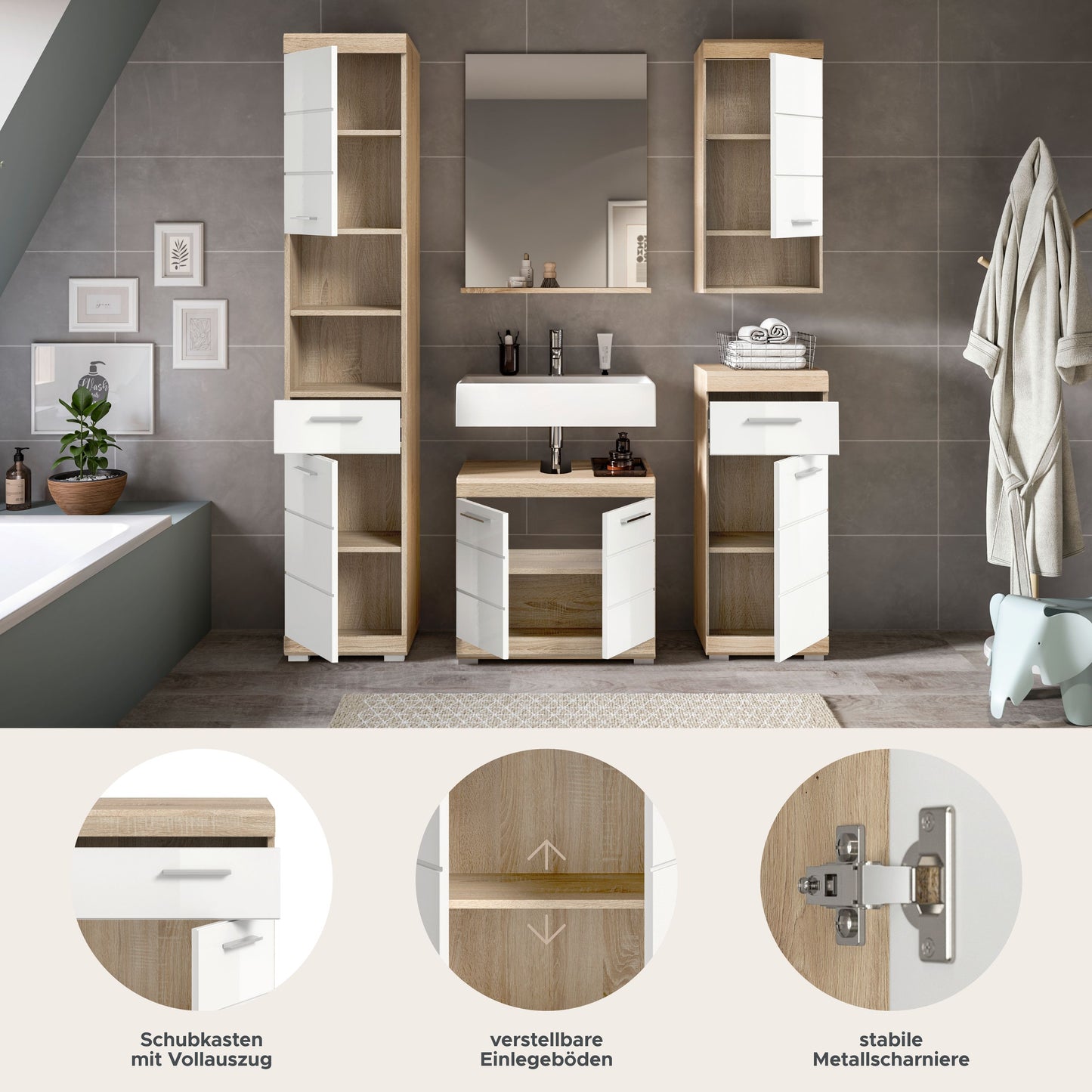 Homes & Jones Badmöbel 4tlg. Set, Badezimmerset mit Hochglanz Fronten