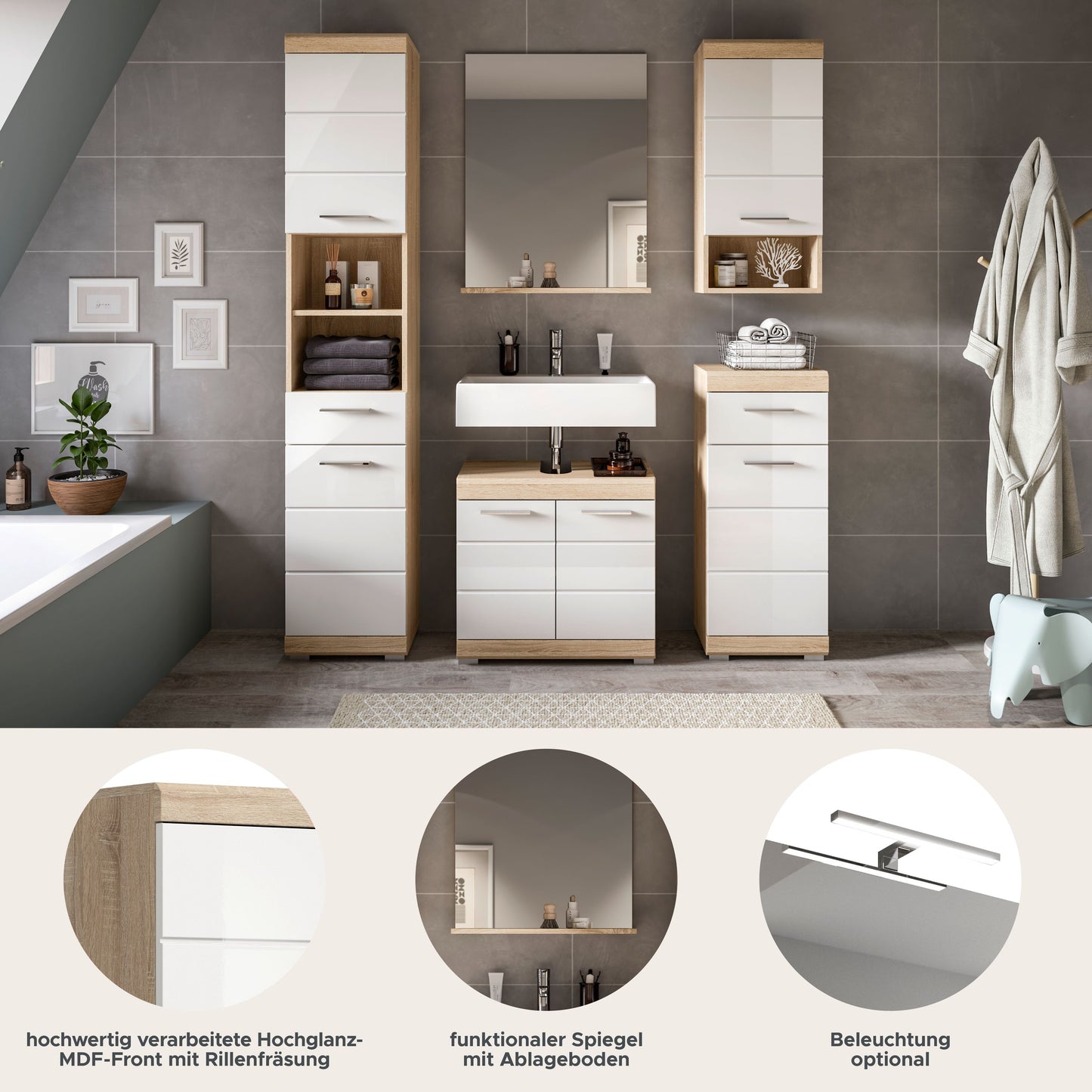 Homes & Jones Badmöbel 4tlg. Set, Badezimmerset mit Hochglanz Fronten