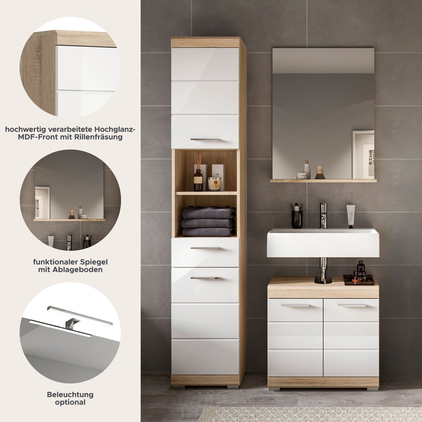 Homes & Jones Badmöbel 3tlg. Set, Badezimmerset mit Hochglanz Fronten