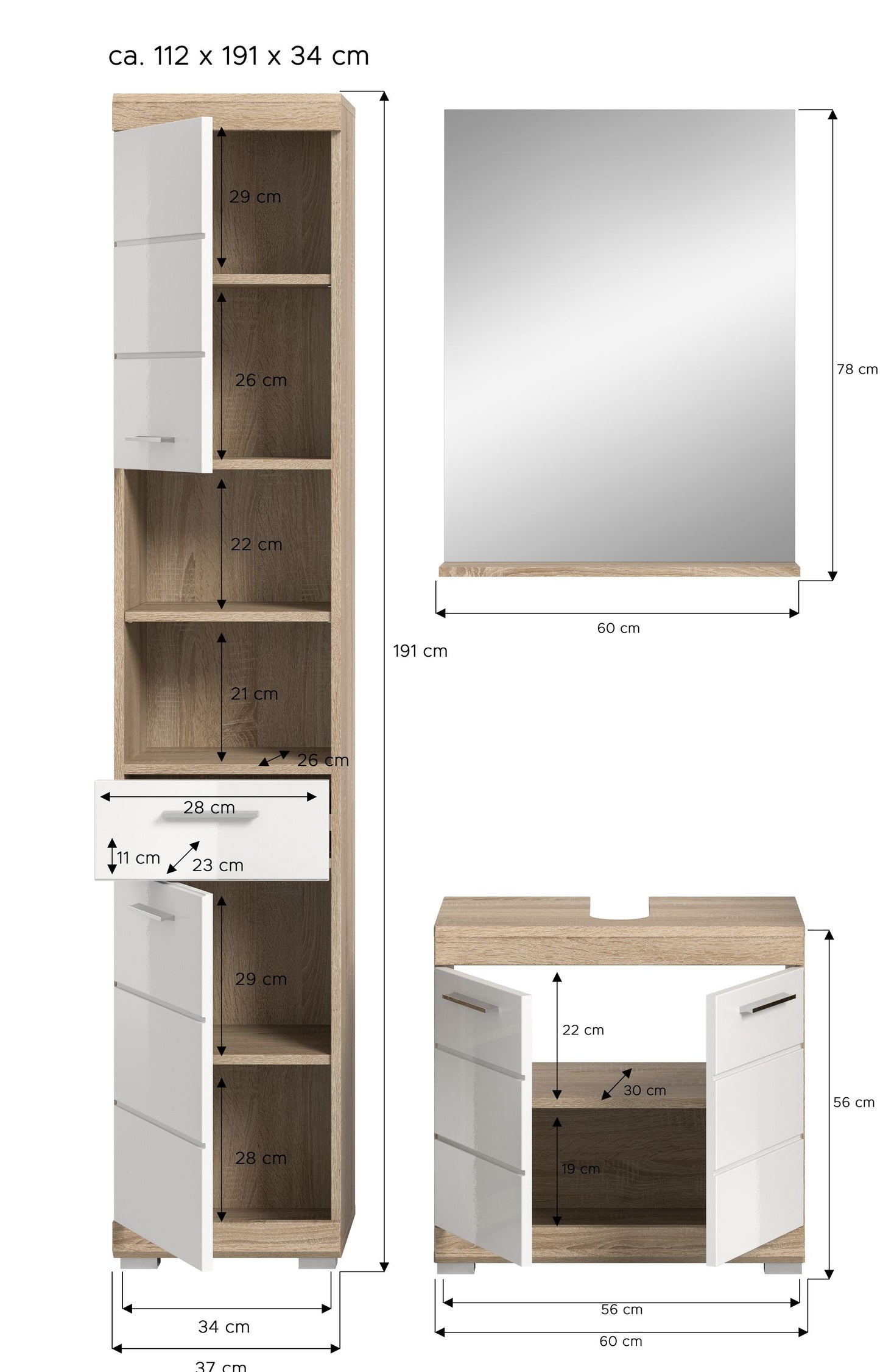 Homes & Jones Badmöbel 3tlg. Set, Badezimmerset mit Hochglanz Fronten