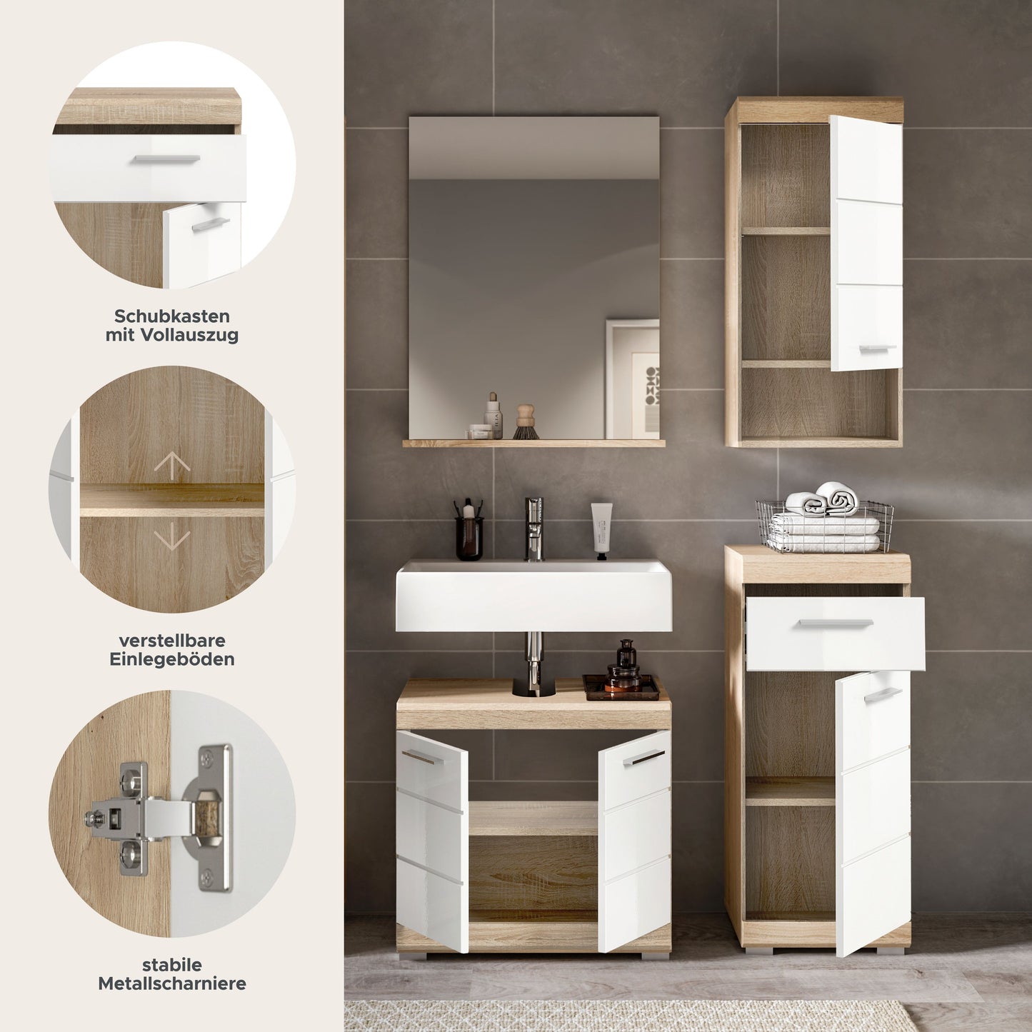 Homes & Jones Badmöbel 4tlg. Set, Badezimmerset mit Hochglanz Fronten