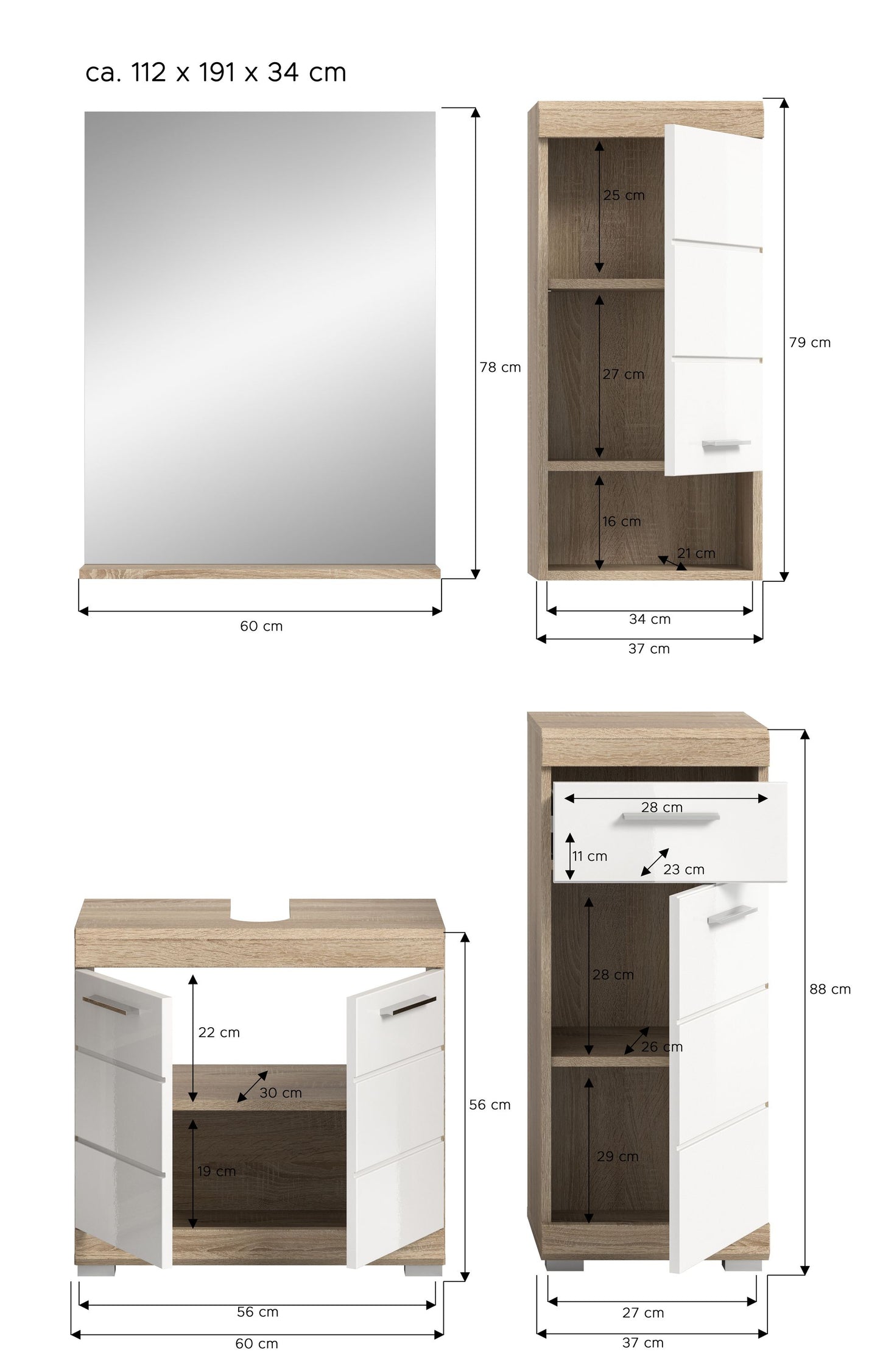 Homes & Jones Badmöbel 4tlg. Set, Badezimmerset mit Hochglanz Fronten