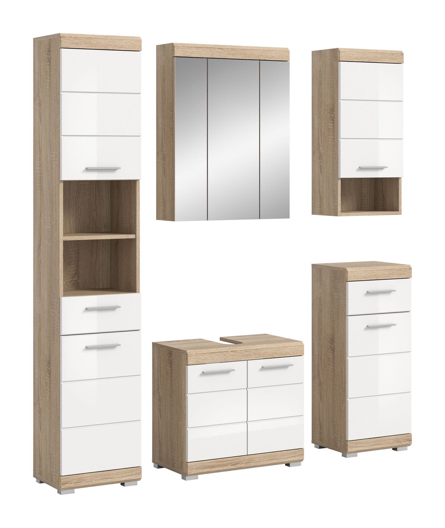 Badezimmerset in hellem Holzdekor und Weiß: Hochschrank, Spiegelschrank und Waschtisch-Elemente