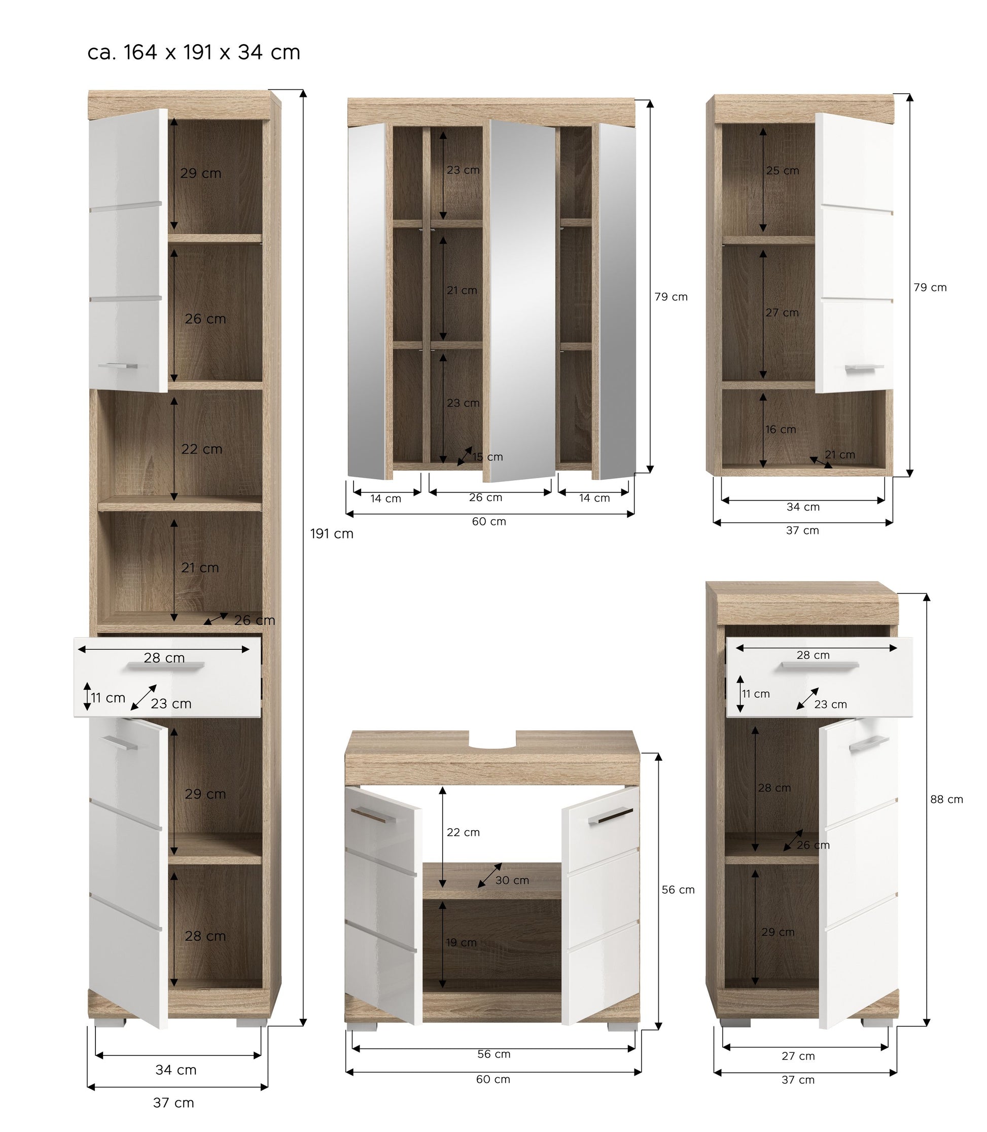 Badezimmerset mit Maßangaben: Hochschrank, Spiegelschrank und Waschtisch in Weiß/ Holzdekor