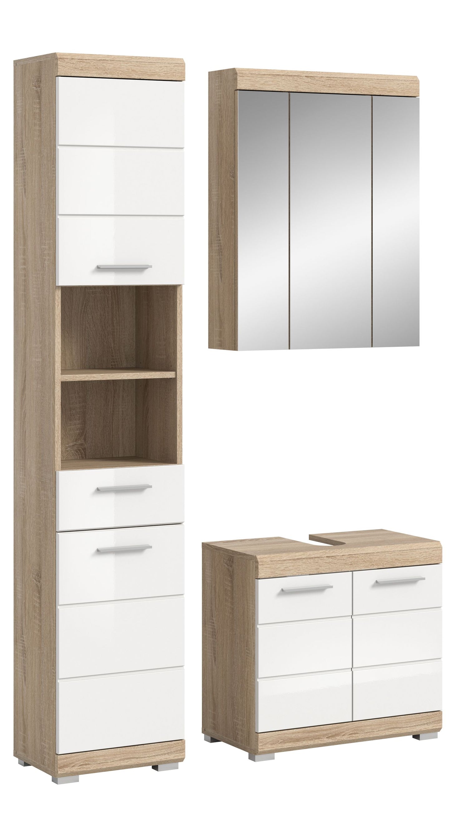 Badezimmerset-Set in helles Holzdekor und Weiß: Hochschrank, Spiegelschrank, Waschtisch