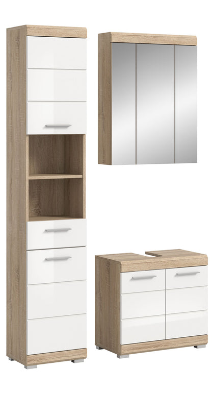 Badezimmerset-Set in helles Holzdekor und Weiß: Hochschrank, Spiegelschrank, Waschtisch