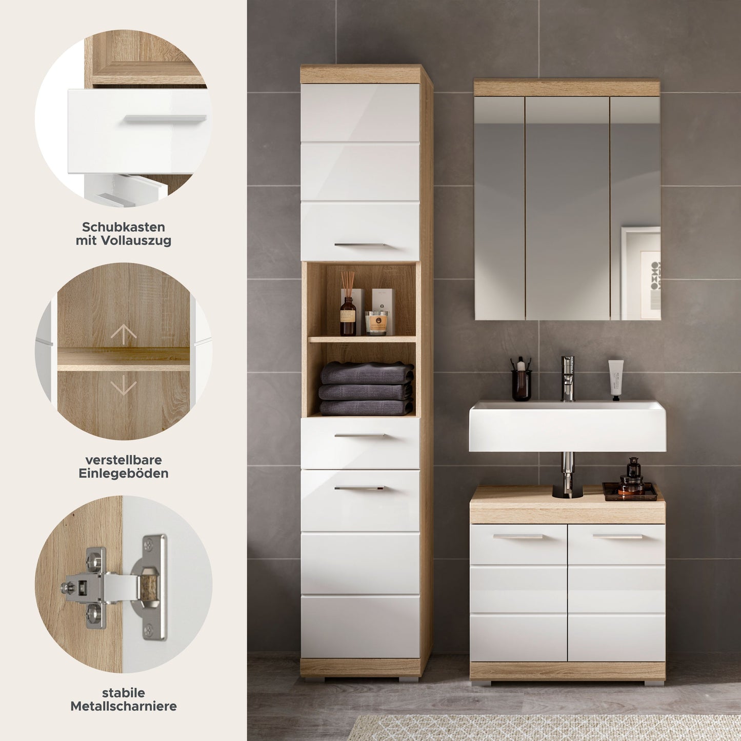 Badezimmerset mit Hochschrank und Waschtisch; Schubkästen und verstellbare Einlegeböden
