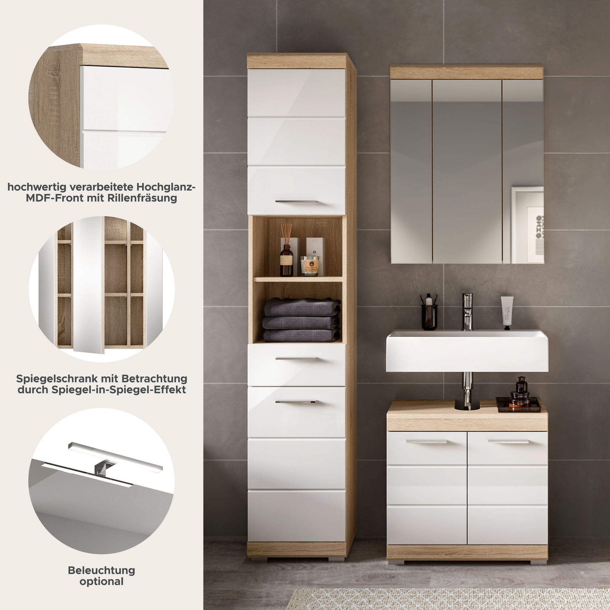 Badezimmerset mit Spiegel, Hochschrank und Waschtisch in Holzoptik und Weiß