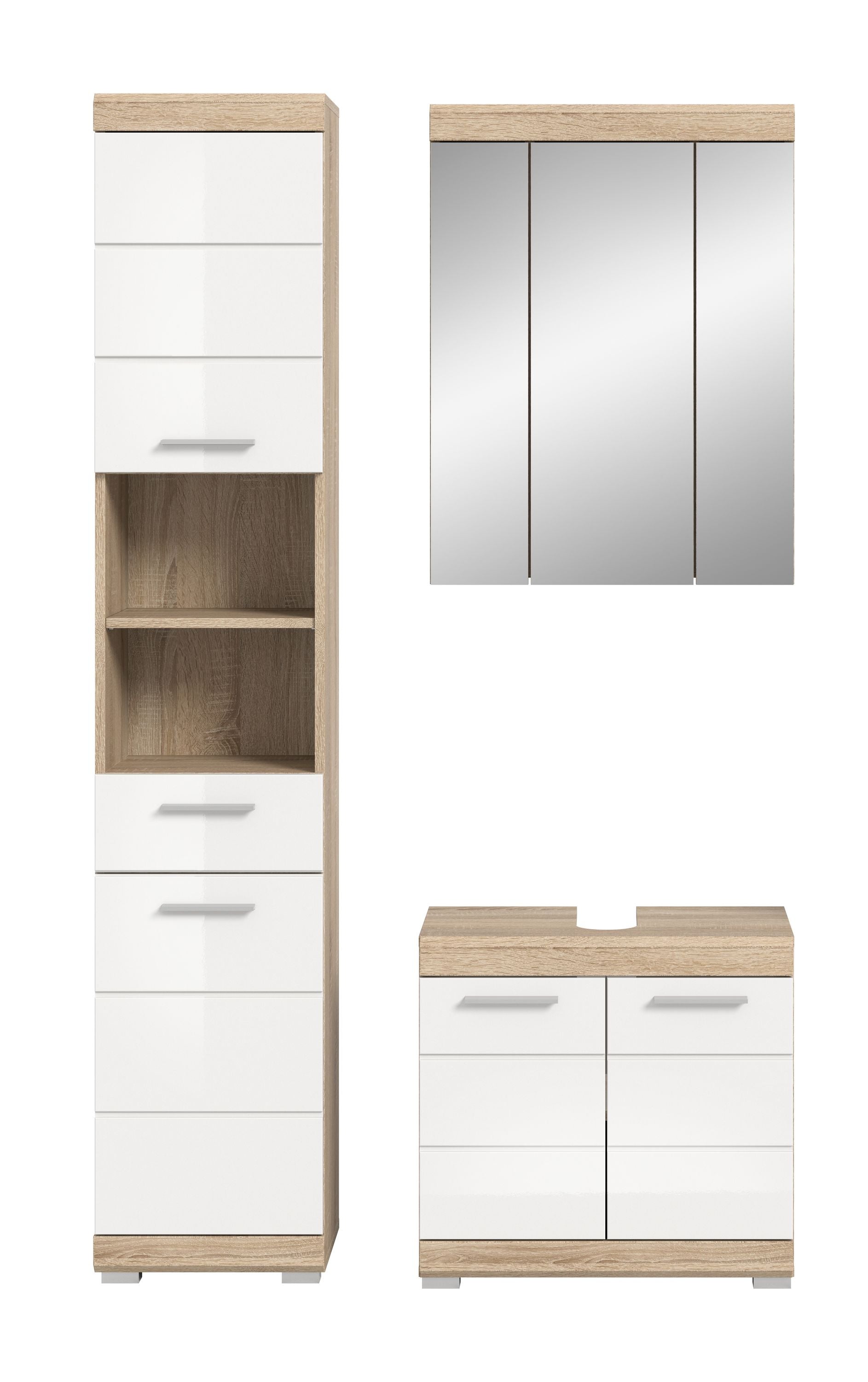 Badezimmerset Frontansicht: Hochschrank, Spiegelschrank und Waschtisch in Holzdekor/weiß