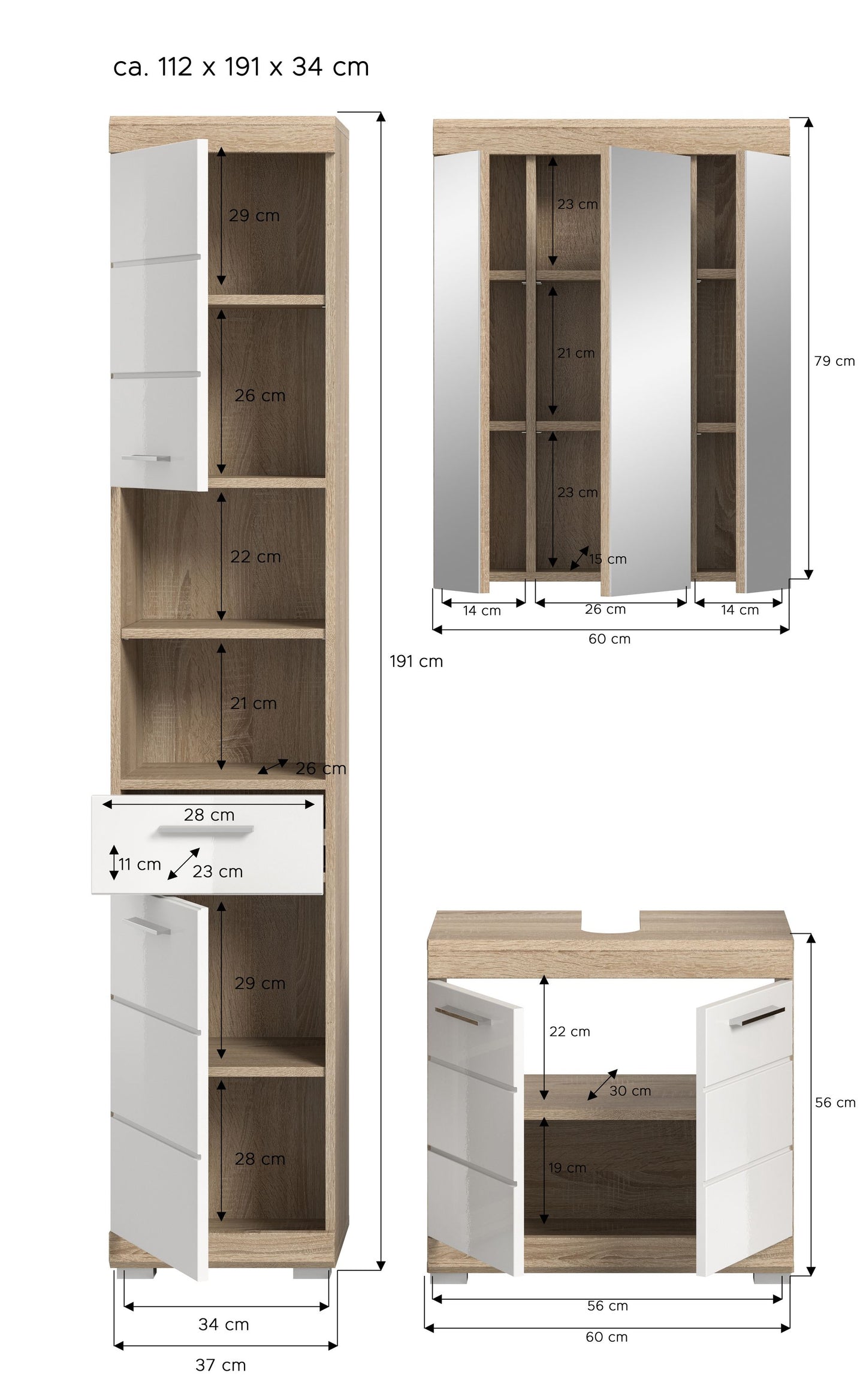 Badezimmerset mit Maßangaben: Hochschrank, Spiegelschrank und Waschtisch