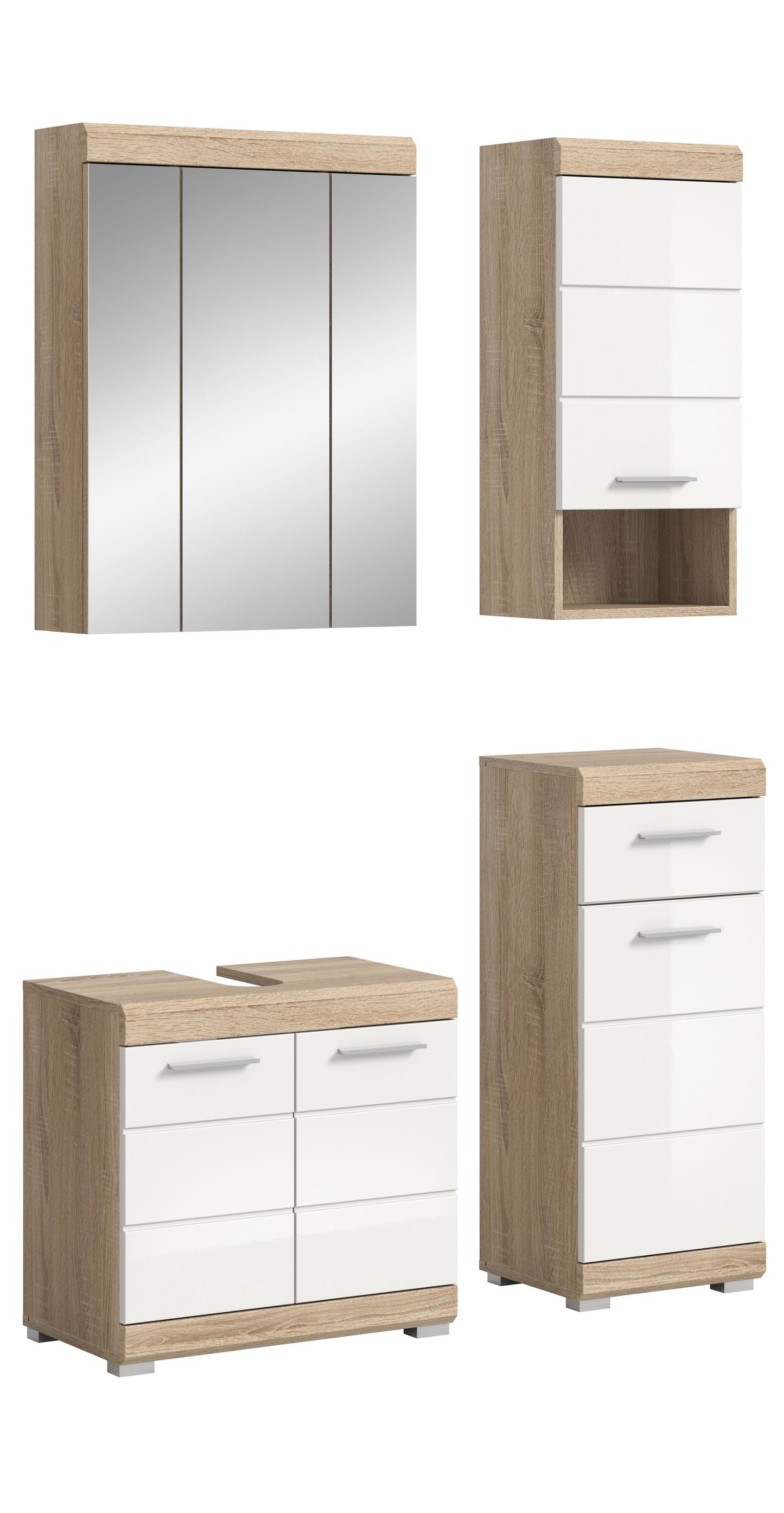Badezimmermöbel-Set aus Holzoptik und weißen Fronten: Spiegelschrank, Waschtisch, Hochschrank