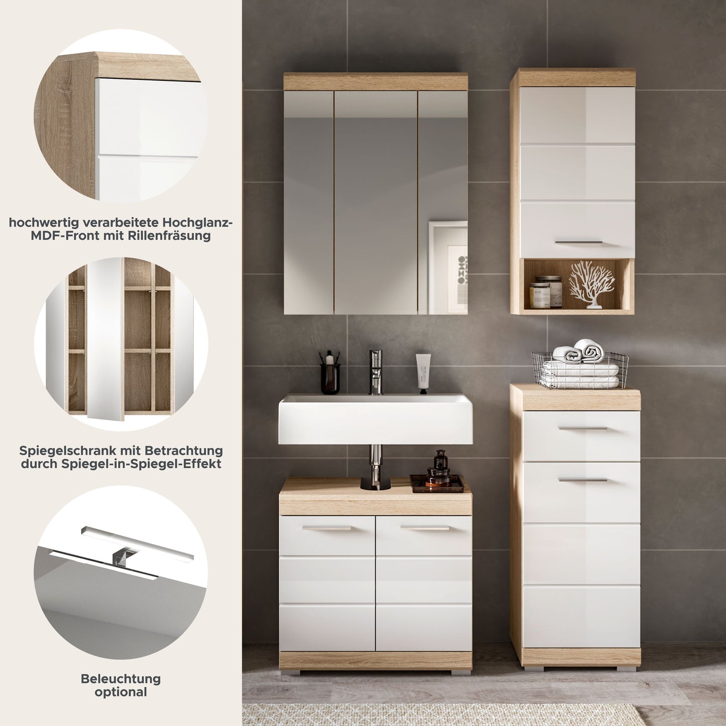 Badezimmerset 4-teilig mit Spiegel-/Spiegelschrank, Waschkommode und Hochschränken in Holzoptik