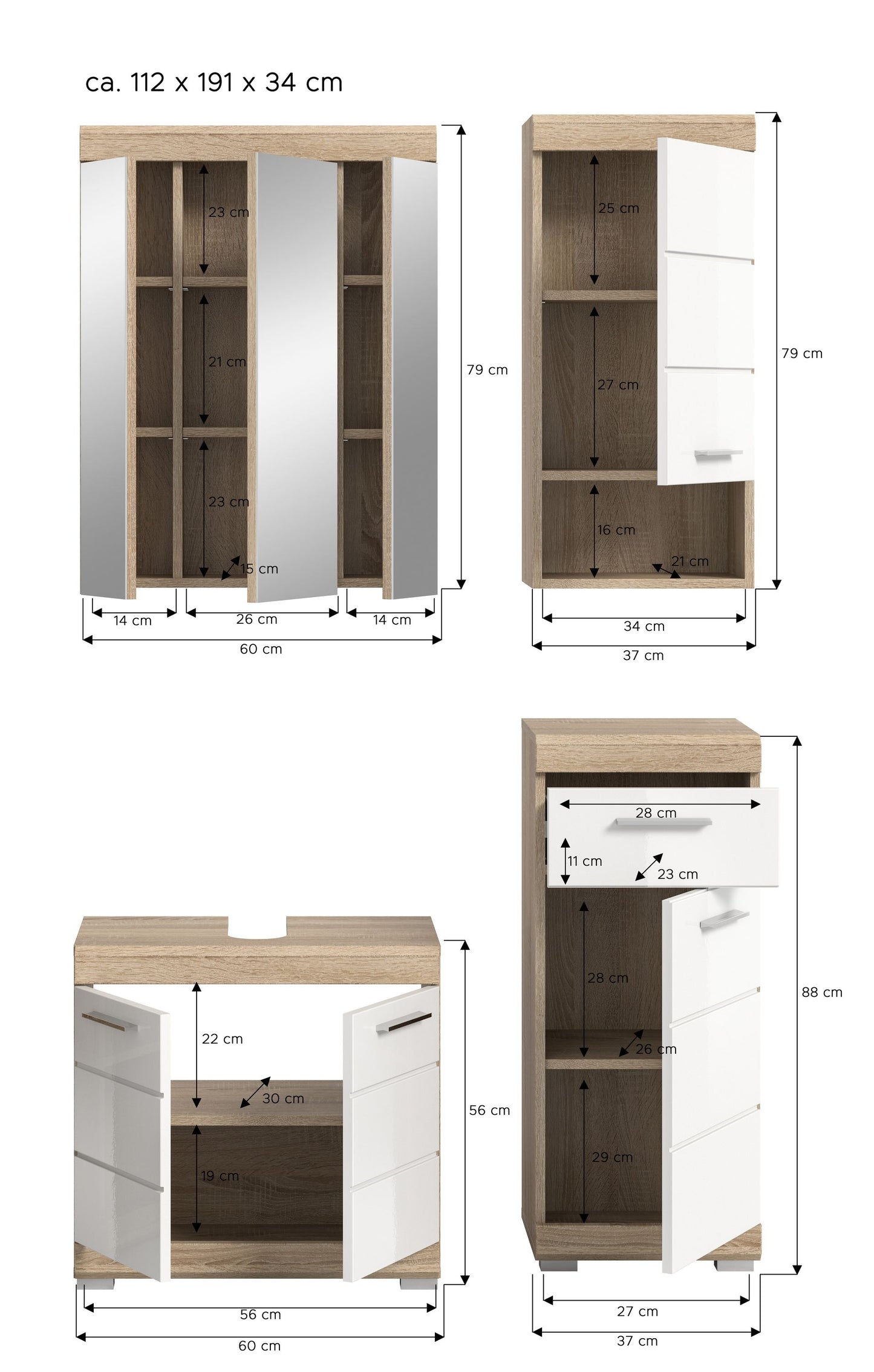 Maßzeichnung für Badezimmerset: Spiegelschrank, Waschtischunterschrank und Hochschrank