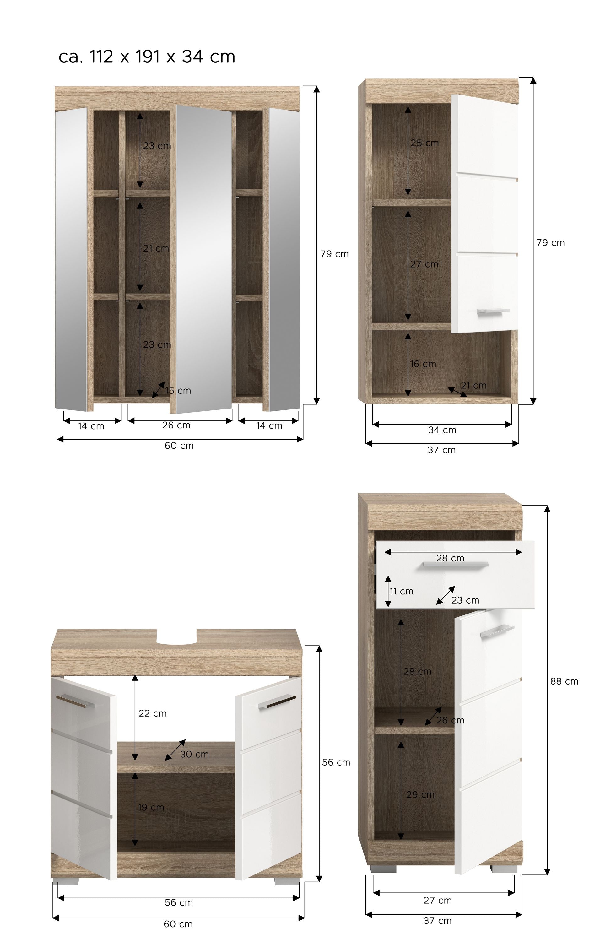 Maßzeichnung für Badezimmerset: Spiegelschrank, Waschtischunterschrank und Hochschrank