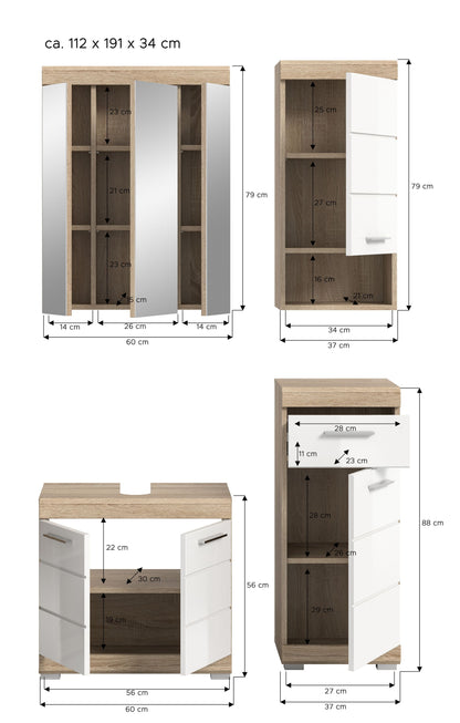 Maßzeichnung für Badezimmerset: Spiegelschrank, Waschtischunterschrank und Hochschrank