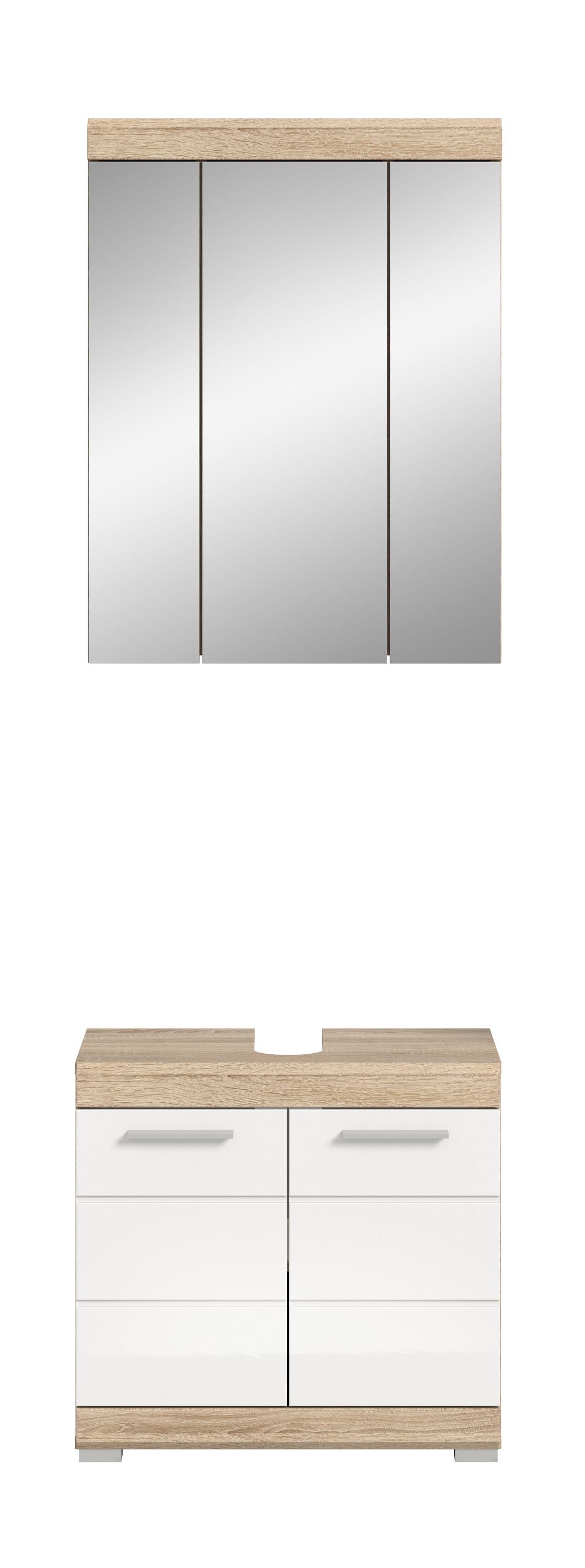 Spiegelschrank und Waschtischunterschrank, Eichendekorrahmen und weiße Türen
