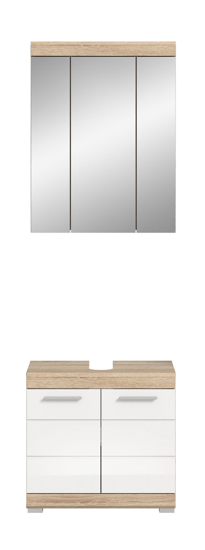 Spiegelschrank und Waschtischunterschrank, Eichendekorrahmen und weiße Türen