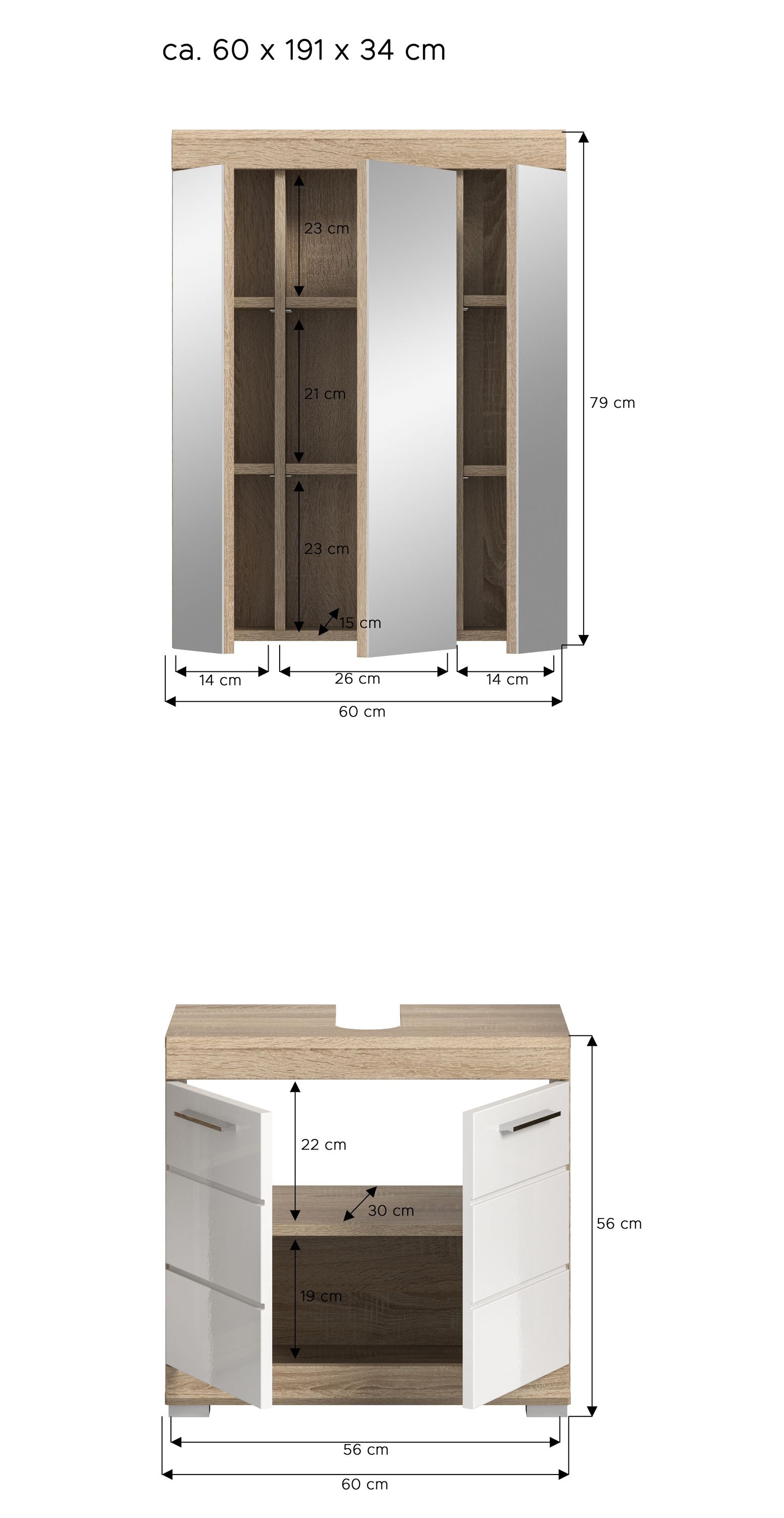 Badezimmerset, Maßangaben für Spiegelschrank und Waschtischunterschrank (ca. 60 cm)