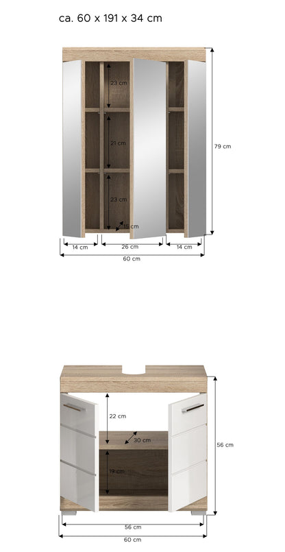 Badezimmerset, Maßangaben für Spiegelschrank und Waschtischunterschrank (ca. 60 cm)