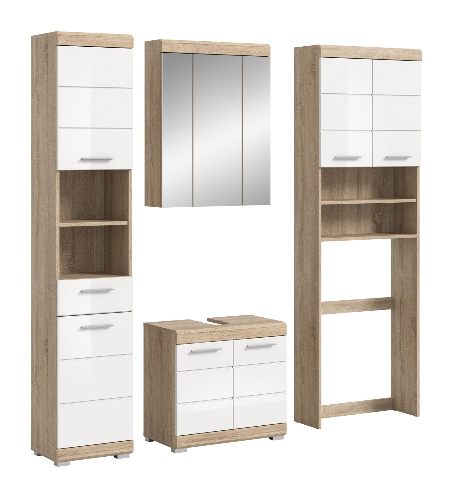 Badezimmerset in heller Holzoptik mit Spiegelschrank, Hochschrank und Unterschrank