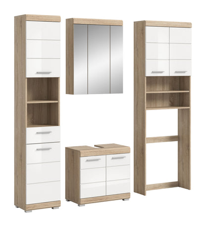 Badezimmerset in heller Holzoptik mit Spiegelschrank, Hochschrank und Unterschrank