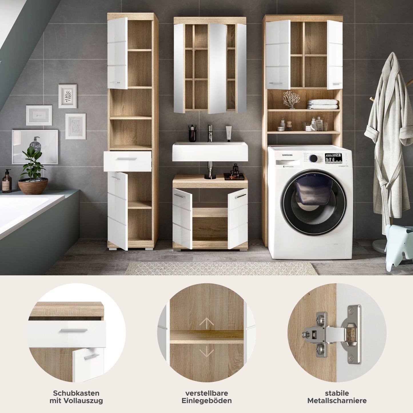 Badezimmerset (4-teilig) mit Hochschrank, Spiegelschrank, Waschbecken-Unterschrank und Ablagen