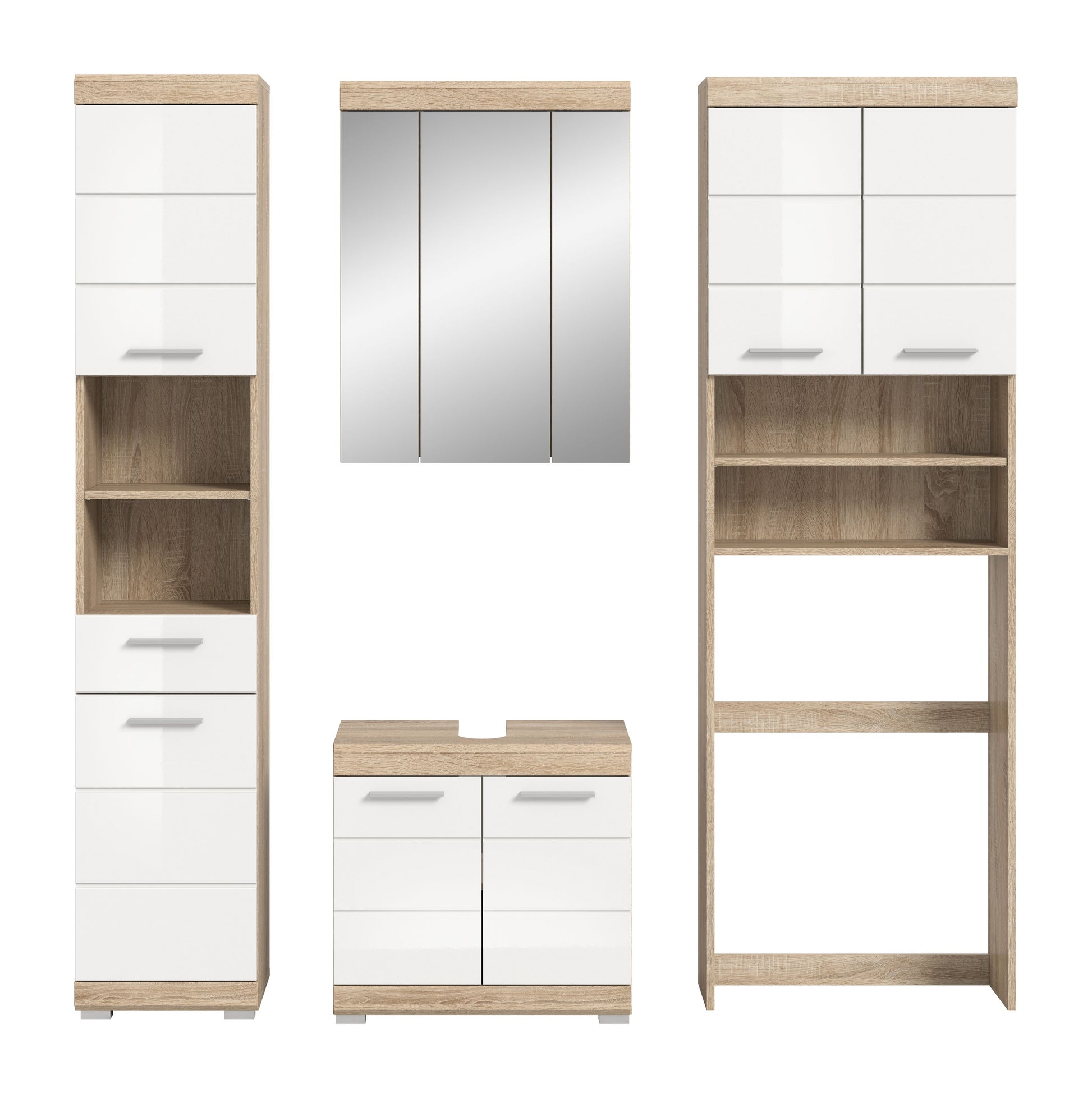 Badezimmerset-Ansicht: Hochschrank, Spiegelschrank mit Spiegel und Unterschrank
