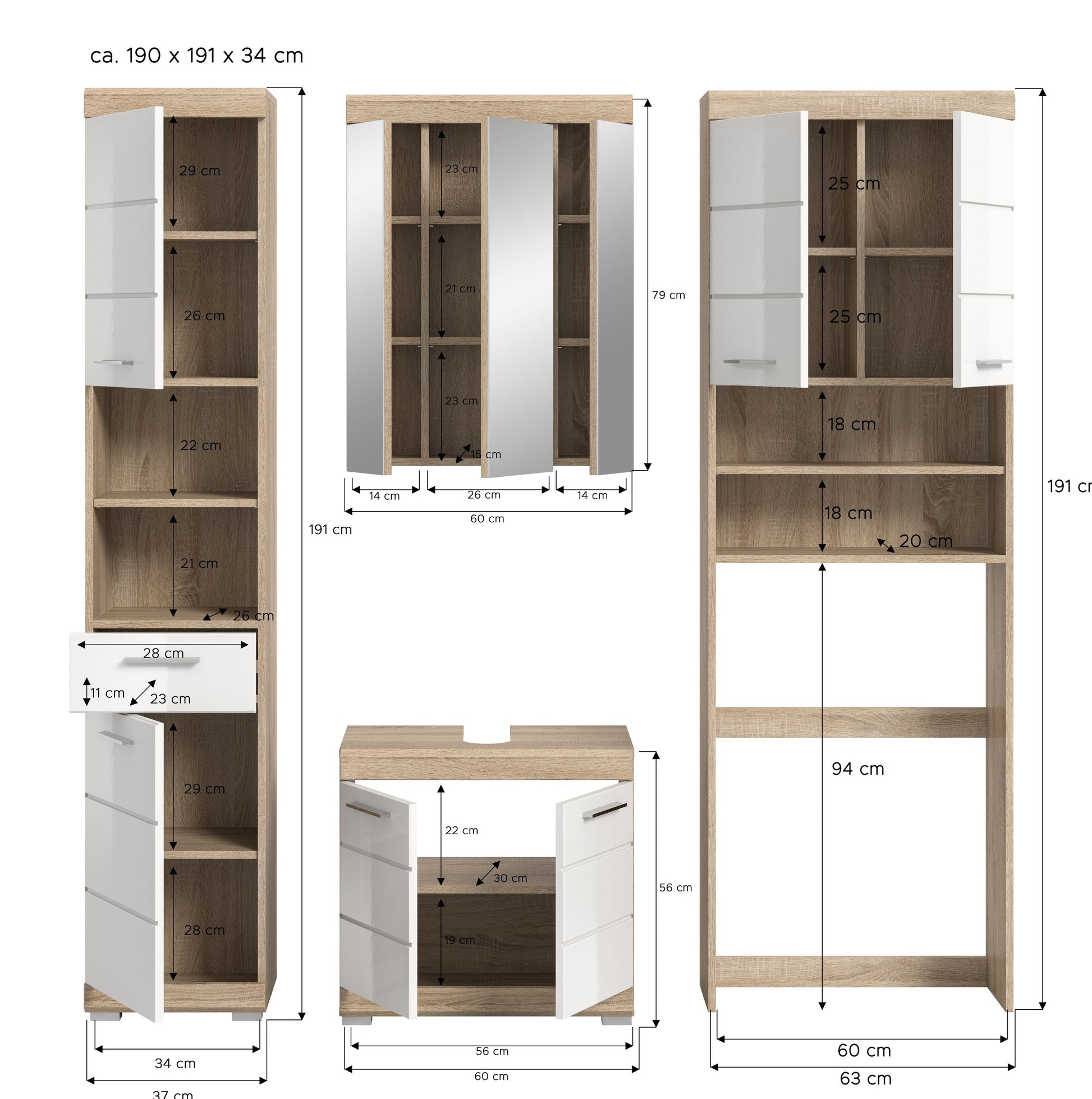 Maßgrafik für Badezimmerschrank-Set: Hochschrank, Spiegelschrank und Unterschrank