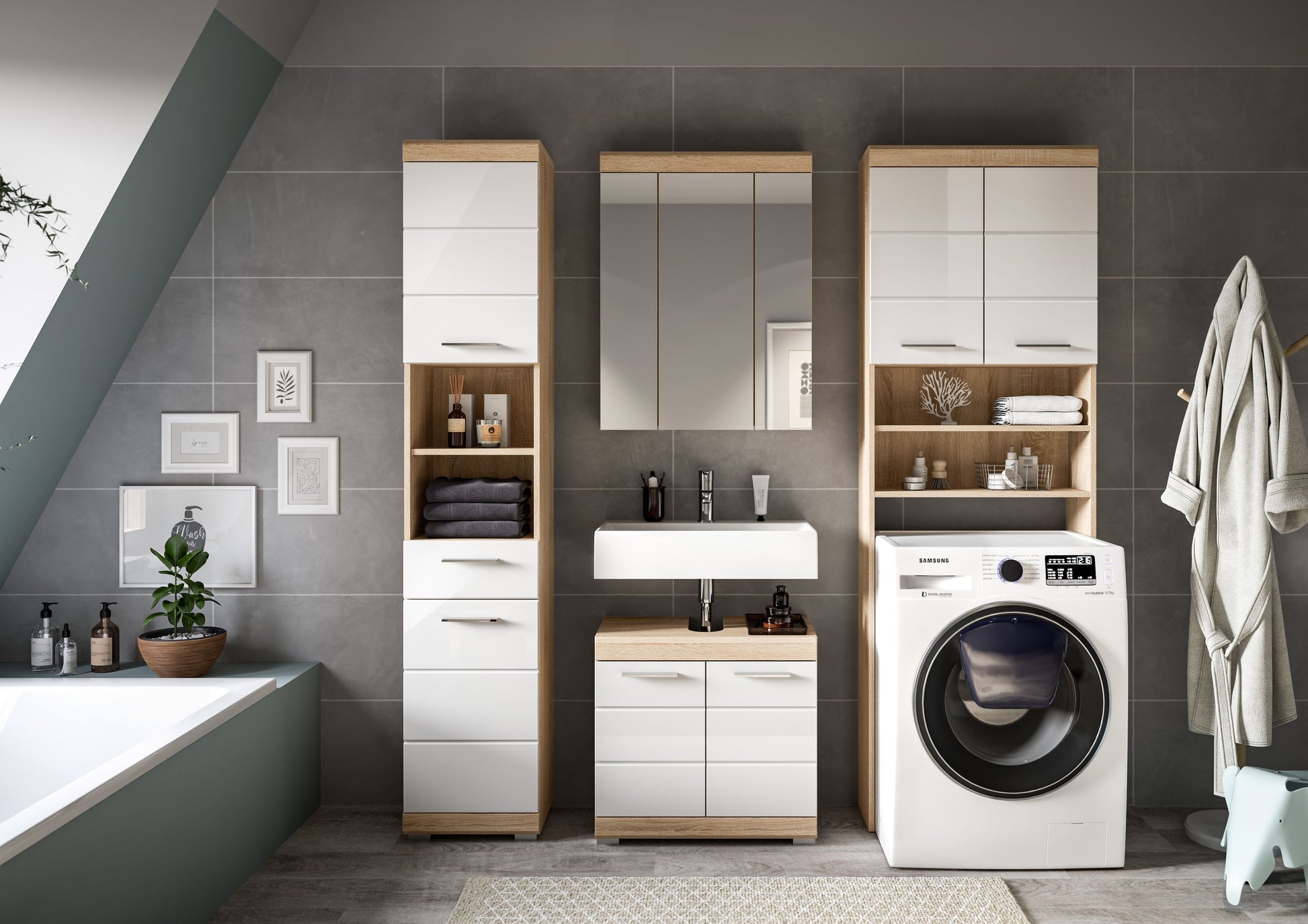 Badezimmerset mit weißen Fronten, Holzakzenten, Spiegelschrank und Waschmaschine