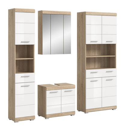Badezimmerset in Weiß und Eichefarben: Spiegelschrank, Hochschrank und Waschtisch