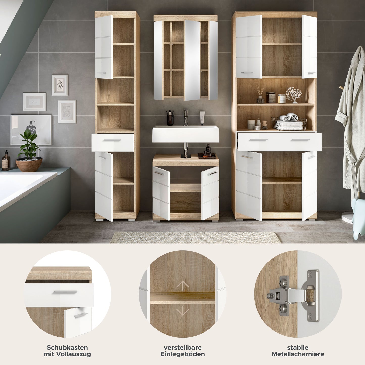 Badezimmerset in Holzoptik mit Spiegelschrank, Waschtischunterschrank und Fächern