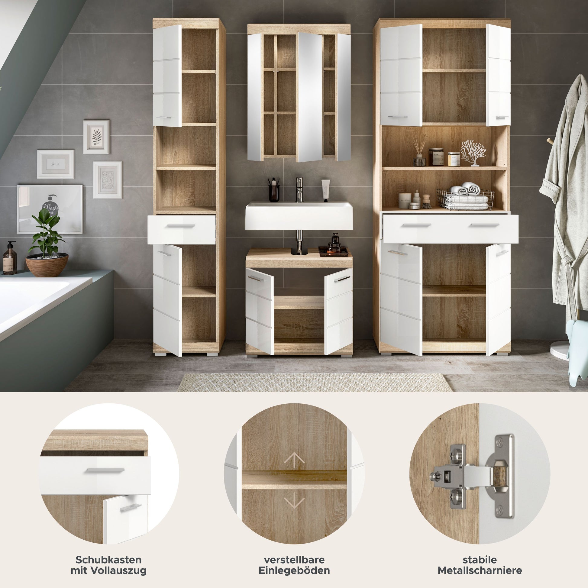 Badezimmerset in Holzoptik mit Spiegelschrank, Waschtischunterschrank und Fächern