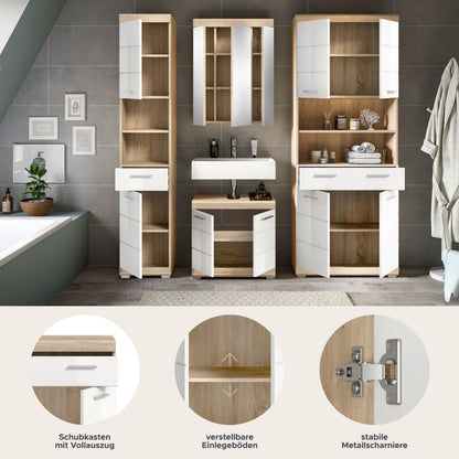 Badezimmerset in Holzoptik mit Spiegelschrank, Waschtischunterschrank und Fächern