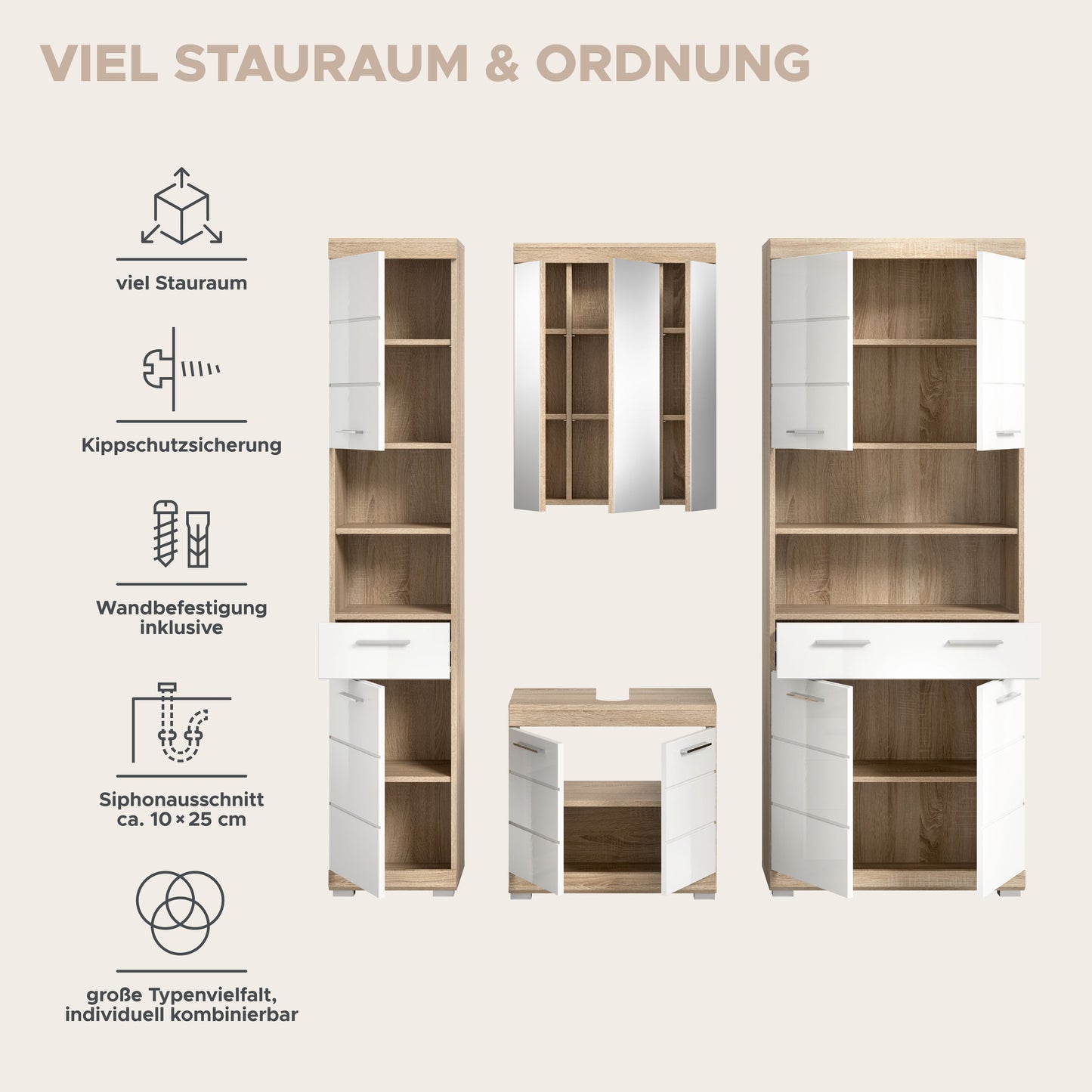 Badezimmerset mit Hochschrank, Spiegelschrank und Waschtisch, 4-teilig