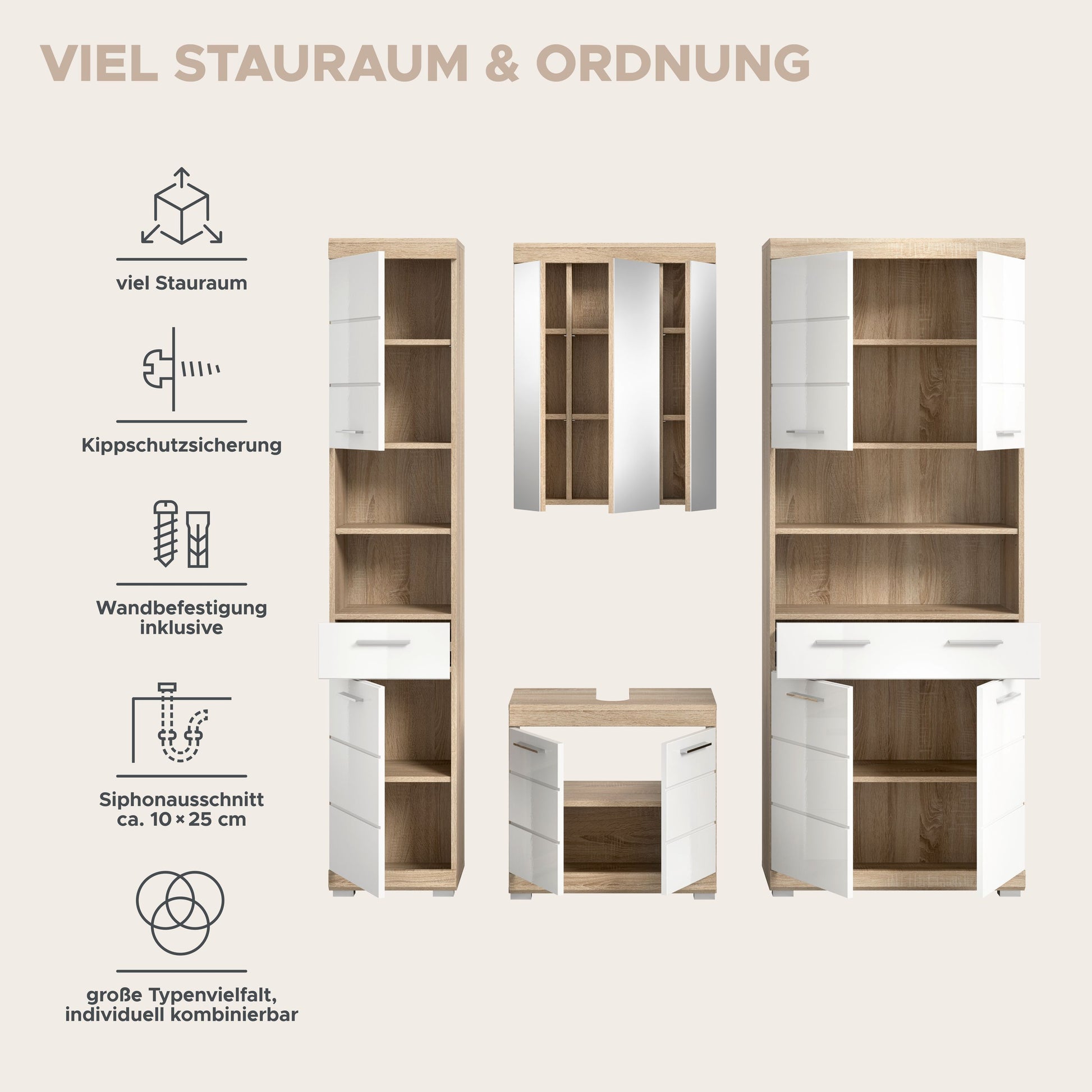Badezimmerset mit Hochschrank, Spiegelschrank und Waschtisch, 4-teilig
