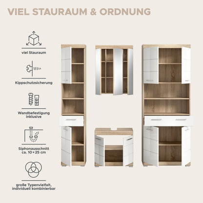 Badezimmerset mit Hochschrank, Spiegelschrank und Waschtisch, 4-teilig