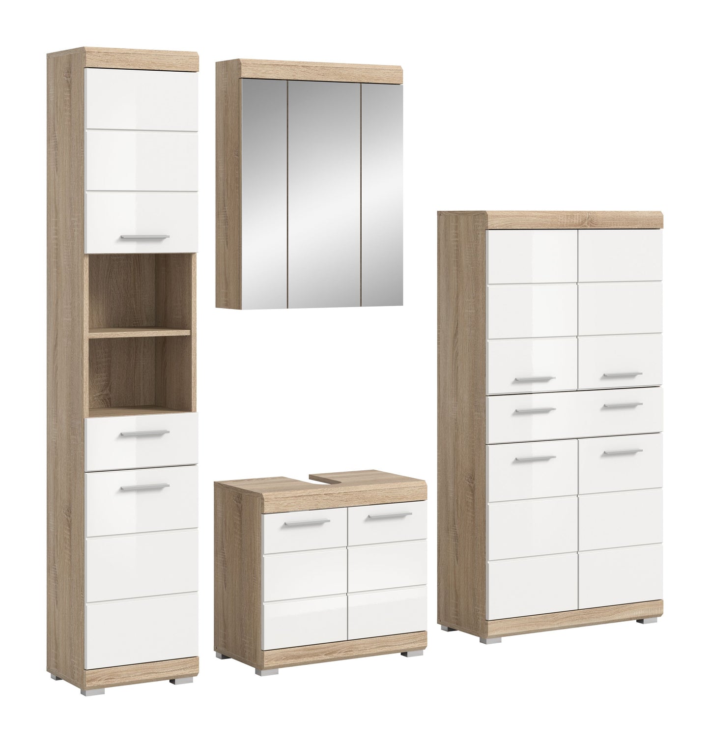 Badezimmerset in Holzoptik und Weiß: Spiegelschrank, Waschplatz und Hochschränke
